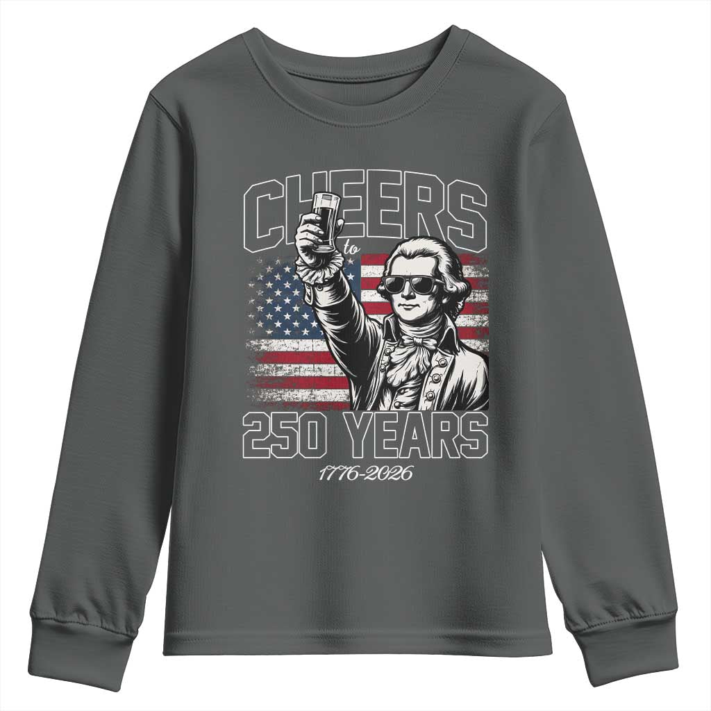 Patriotic Thomas Jefferson Youth Sweatshirt Cheers To 250 Years TS12 Dark Heather Print Your Wear