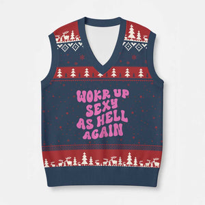 Funny Attitude Women Saying V-Neck Knit Sweater Vest I Woke Up Sexy As Hell Again TS12 Navy Red Print Your Wear