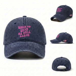 Funny Attitude Women Saying Washed Cotton Baseball Cap I Woke Up Sexy As Hell Again TS12 Washed Cap Universal Fit Navy Print Your Wear