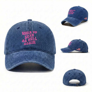 Funny Attitude Women Saying Washed Cotton Baseball Cap I Woke Up Sexy As Hell Again TS12 Washed Cap Universal Fit Royal Blue Print Your Wear
