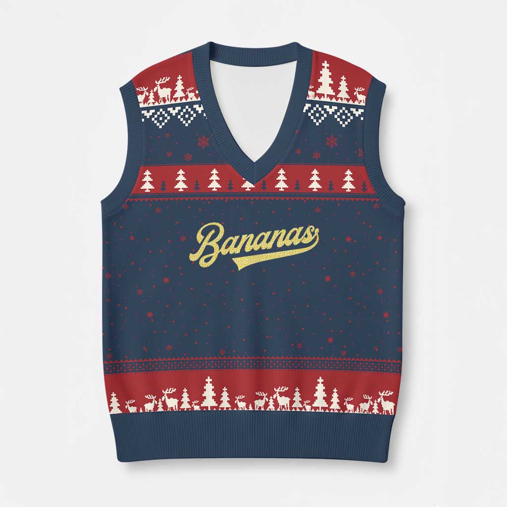 Funny Banana Pattern Typography V-Neck Knit Sweater Vest Retro Throwback Fruit Lover TS12 Navy Red Print Your Wear