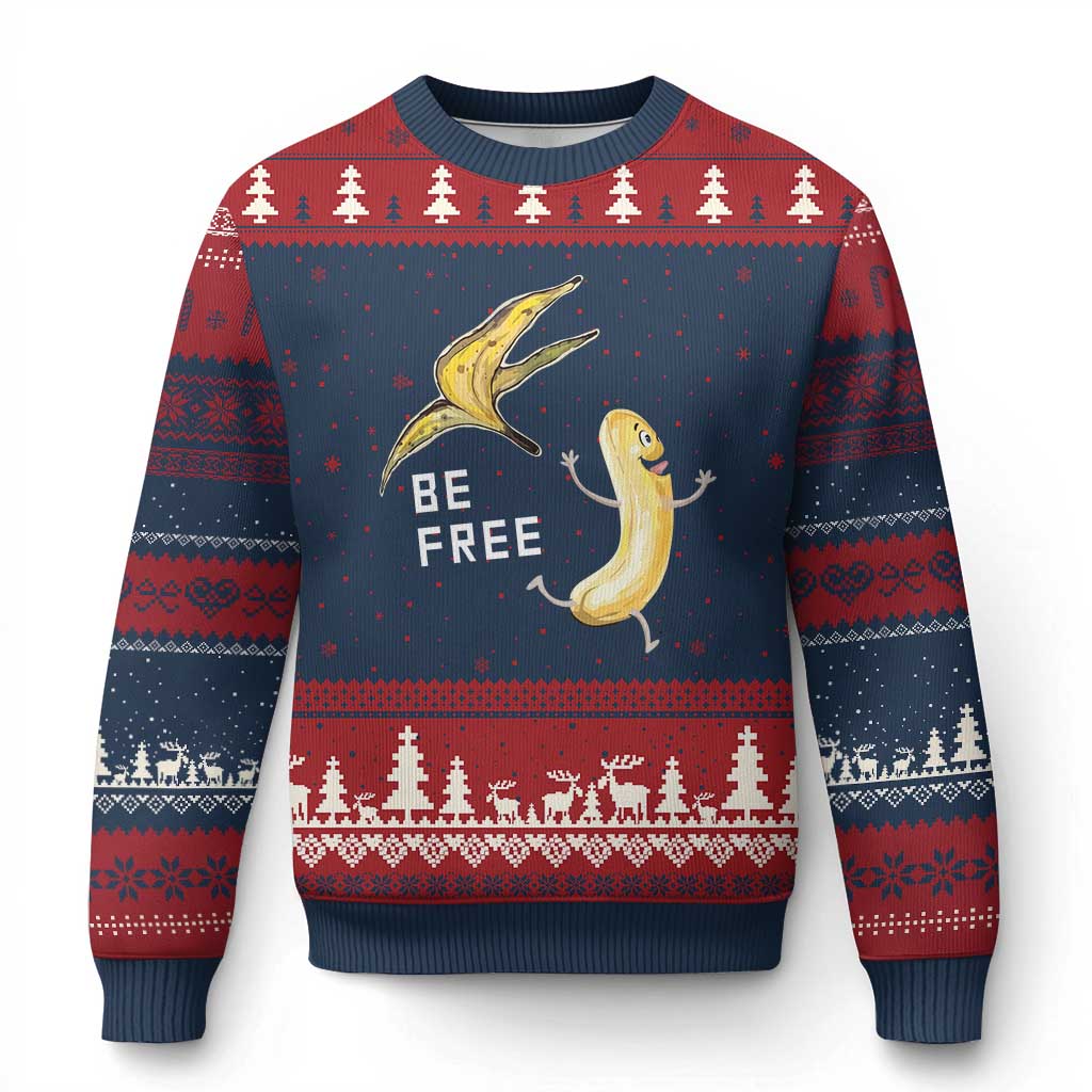 Funny Banana Striptease Be Free Graphic Ugly Christmas Sweater TS12 Navy Red Print Your Wear