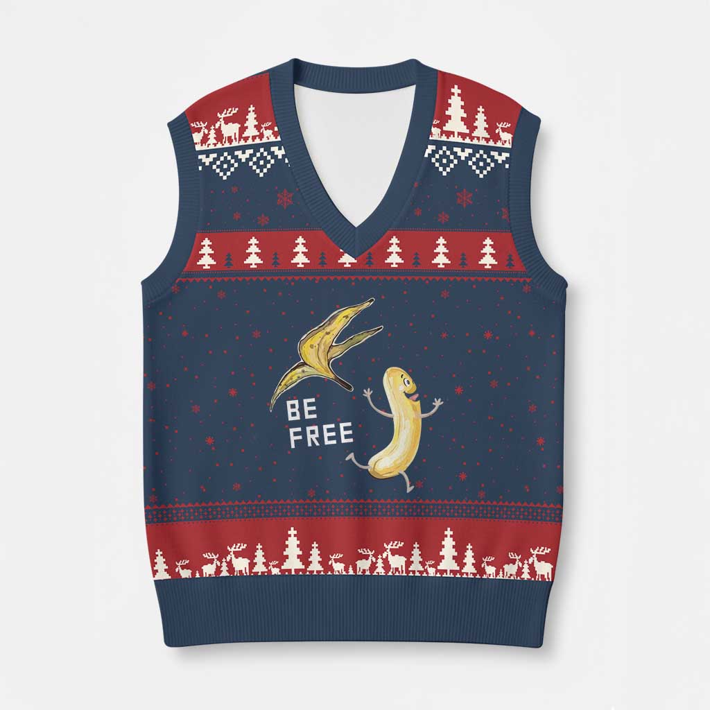Funny Banana Striptease Be Free Graphic V-Neck Knit Sweater Vest TS12 Navy Red Print Your Wear