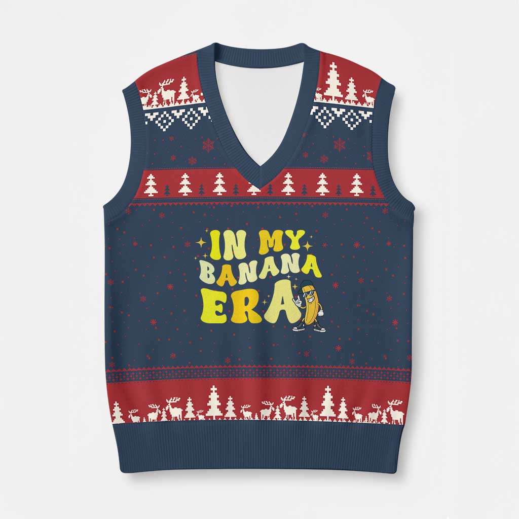 Funny In My Banana Era Graphic V-Neck Knit Sweater Vest Retro Fruit Lover TS12 Navy Red Print Your Wear