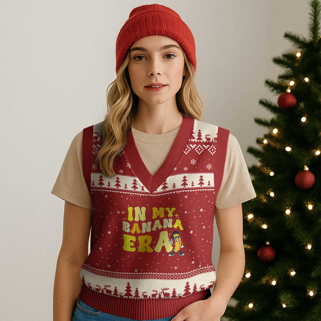 Funny In My Banana Era Graphic V-Neck Knit Sweater Vest Retro Fruit Lover TS12 Red Beige Print Your Wear