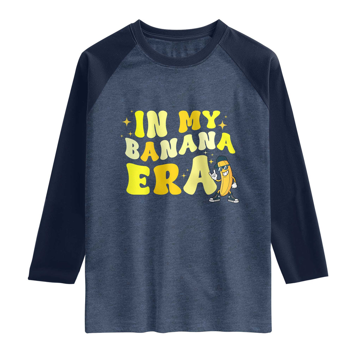 Funny In My Banana Era Graphic Raglan Shirt Retro Fruit Lover TS12 Heather Denim Navy Print Your Wear