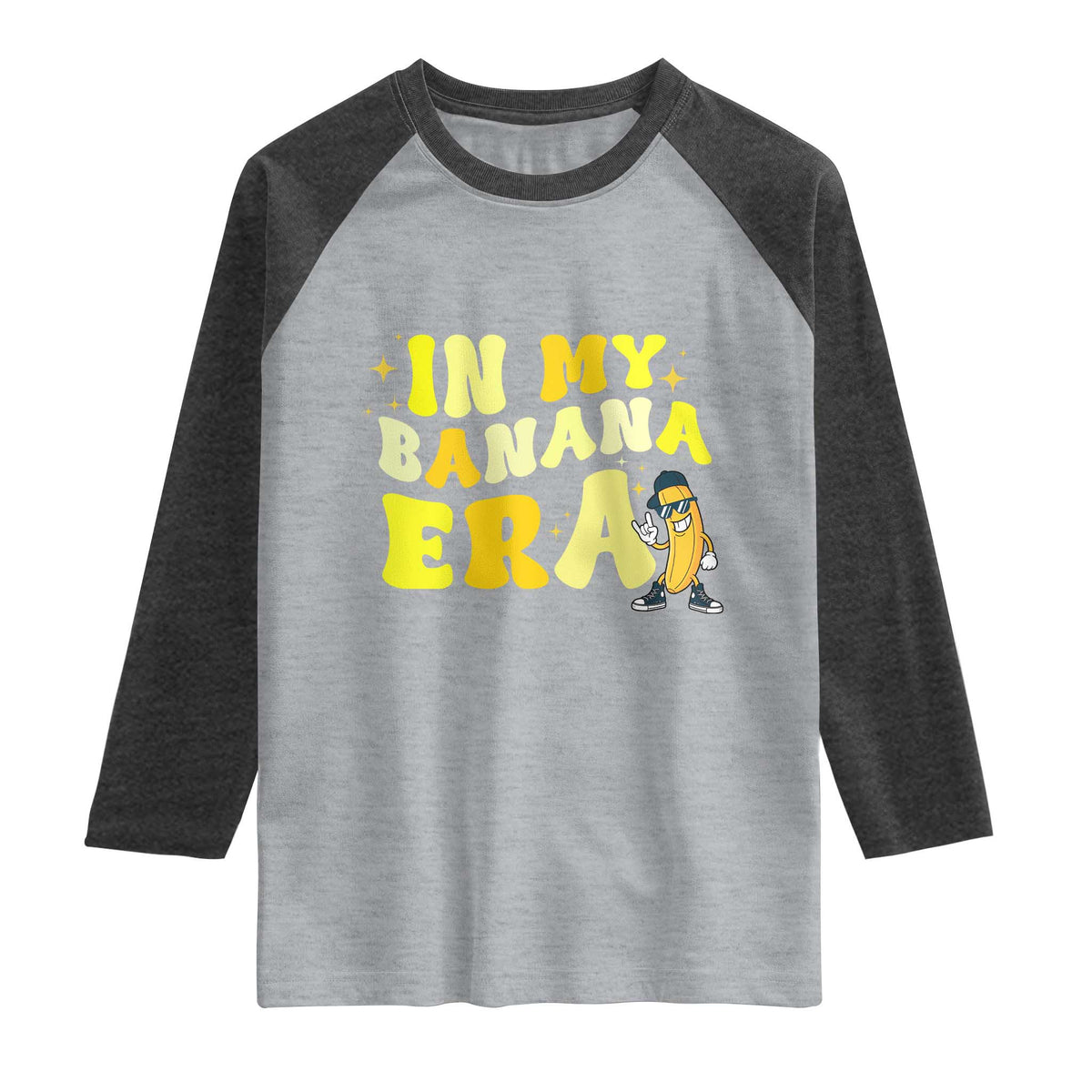 Funny In My Banana Era Graphic Raglan Shirt Retro Fruit Lover TS12 Heather Gray Heather Charcoal Print Your Wear