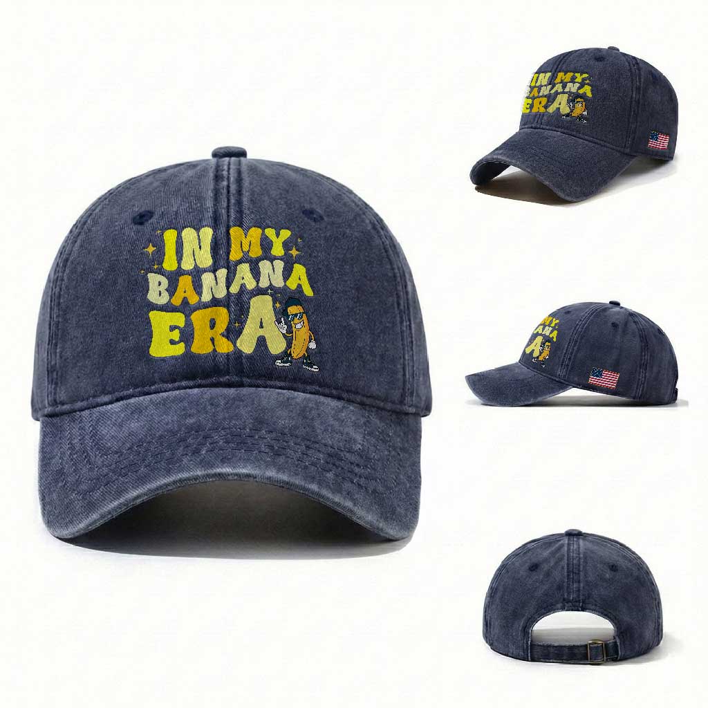 Funny In My Banana Era Graphic Washed Cotton Baseball Cap Retro Fruit Lover TS12 Washed Cap Universal Fit Navy Print Your Wear