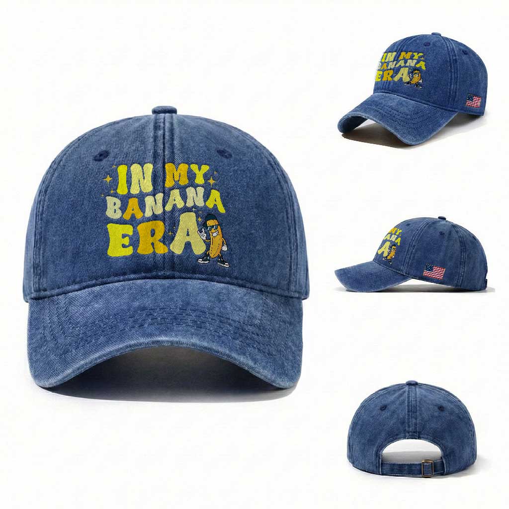 Funny In My Banana Era Graphic Washed Cotton Baseball Cap Retro Fruit Lover TS12 Washed Cap Universal Fit Royal Blue Print Your Wear