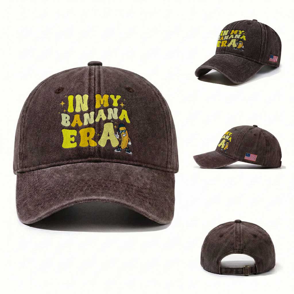 Funny In My Banana Era Graphic Washed Cotton Baseball Cap Retro Fruit Lover TS12 Washed Cap Universal Fit Dark Brown Print Your Wear