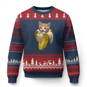 Funny Bananacat Meme Lover Ugly Christmas Sweater Cute Kitty Banana Costume TS12 Navy Red Print Your Wear