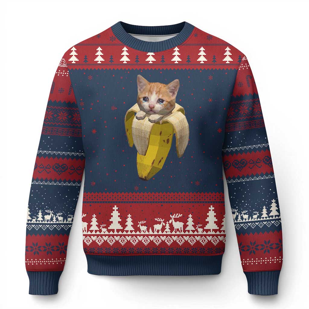 Funny Bananacat Meme Lover Ugly Christmas Sweater Cute Kitty Banana Costume TS12 Navy Red Print Your Wear