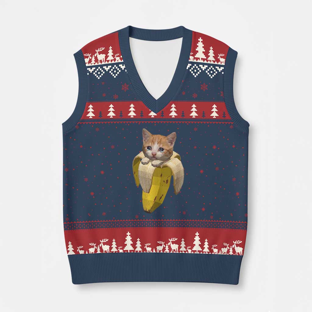 Funny Bananacat Meme Lover V-Neck Knit Sweater Vest Cute Kitty Banana Costume TS12 Navy Red Print Your Wear
