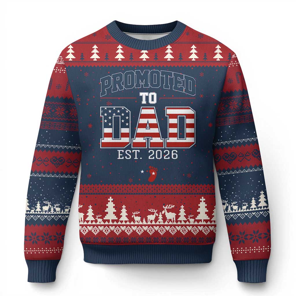 Promoted To Dad Est 2026 American Flag Ugly Christmas Sweater Patriotic New Dad Gift TS12 Navy Red Print Your Wear