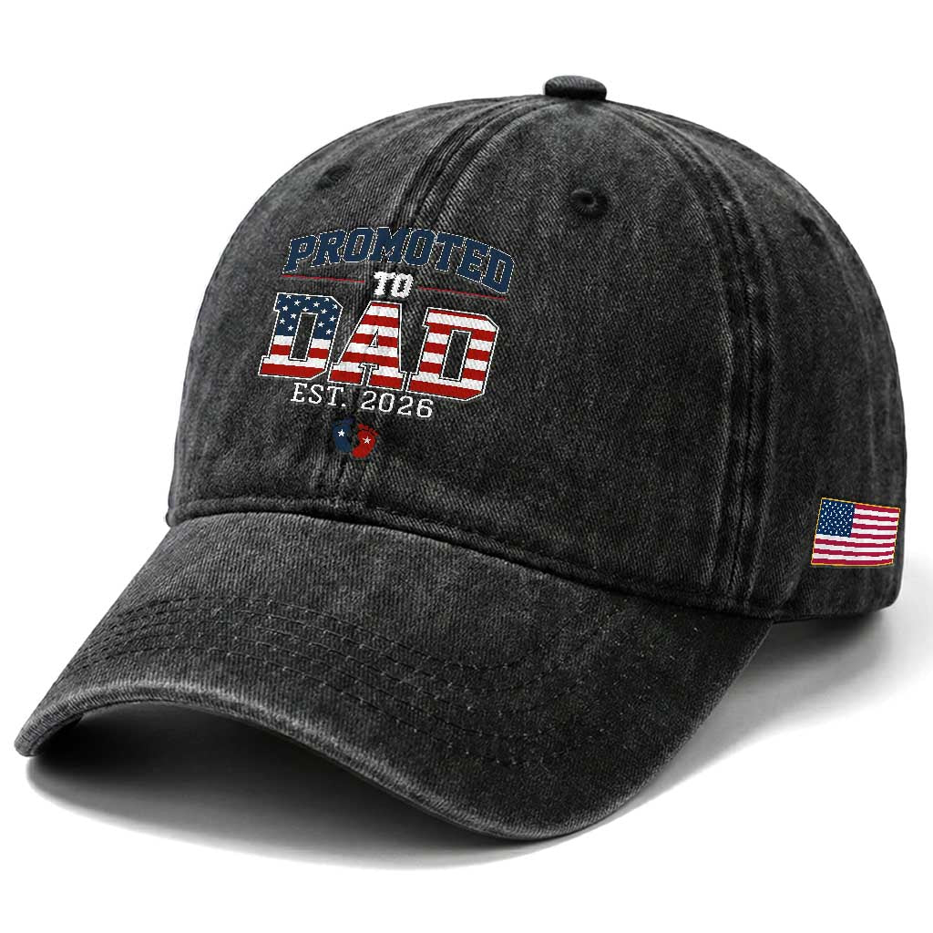 Promoted To Dad Est 2026 American Flag Washed Cotton Baseball Cap Patriotic New Dad Gift TS12 Print Your Wear