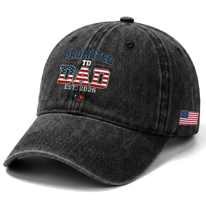 Promoted To Dad Est 2026 American Flag Washed Cotton Baseball Cap Patriotic New Dad Gift TS12 Print Your Wear