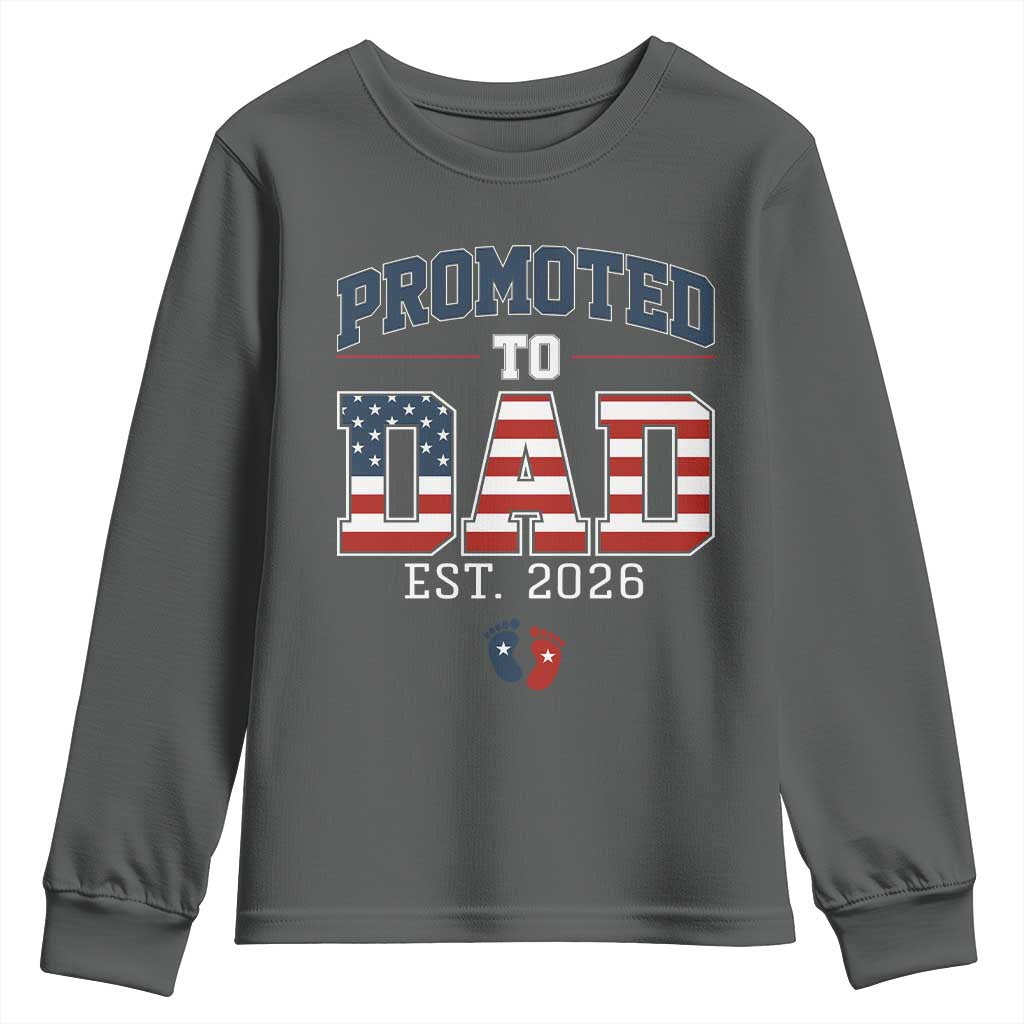 Promoted To Dad Est 2026 American Flag Youth Sweatshirt Patriotic New Dad Gift TS12 Dark Heather Print Your Wear