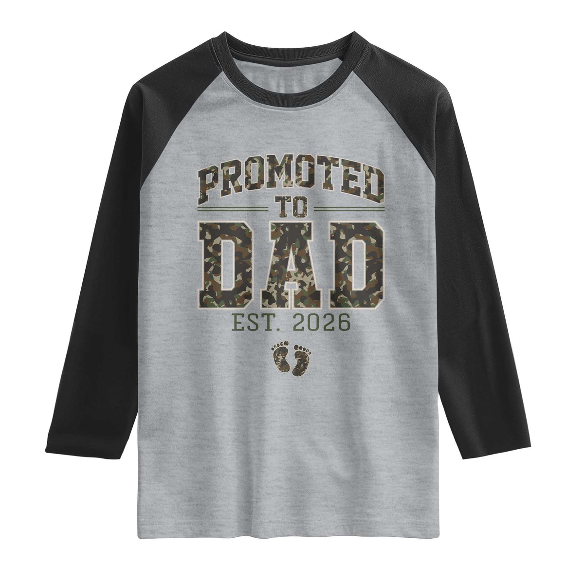 Camouflage Promoted To Dad Est 2026 Raglan Shirt Camo Pregnancy Announcement Graphic TS12 Heather Gray Black Print Your Wear