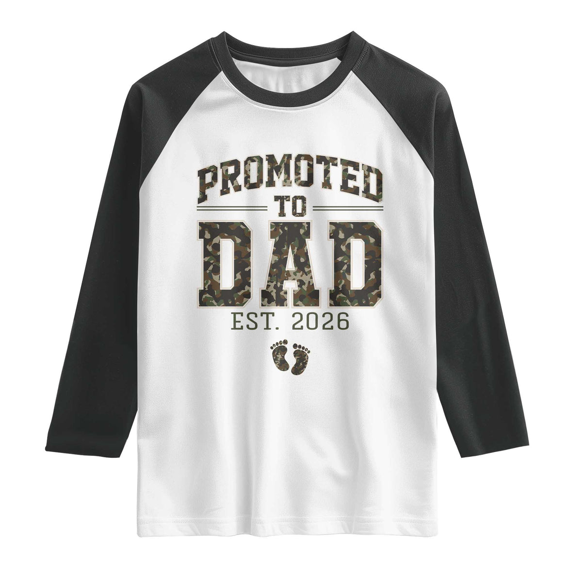 Camouflage Promoted To Dad Est 2026 Raglan Shirt Camo Pregnancy Announcement Graphic TS12 White Black Print Your Wear