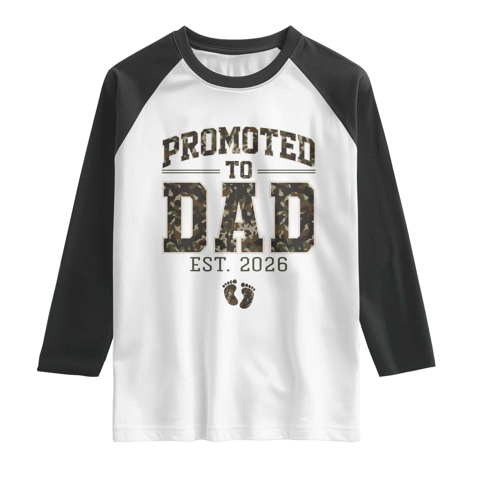 Camouflage Promoted To Dad Est 2026 Raglan Shirt Camo Pregnancy Announcement Graphic TS12 White Black Print Your Wear