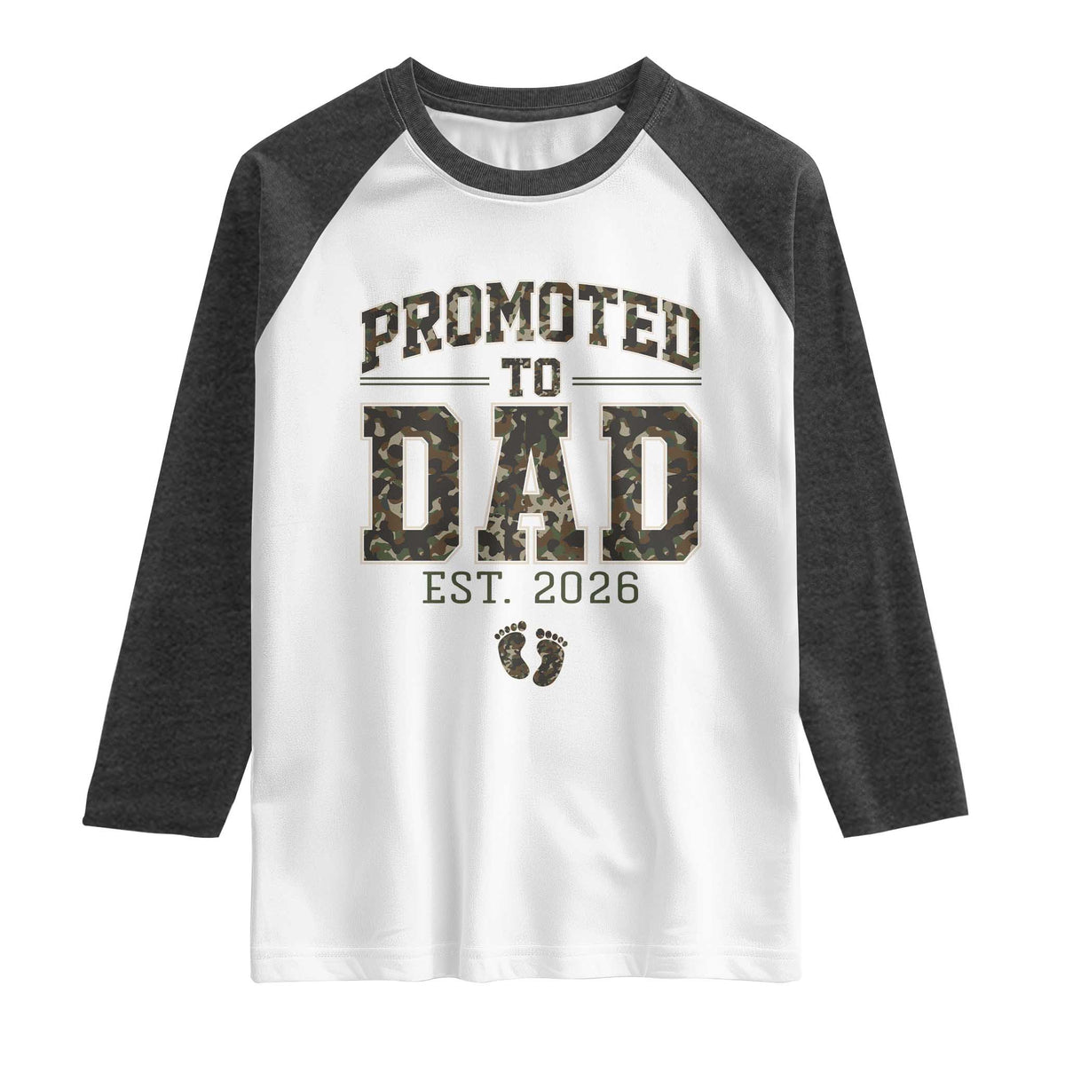 Camouflage Promoted To Dad Est 2026 Raglan Shirt Camo Pregnancy Announcement Graphic TS12 White Heather Charcoal Print Your Wear