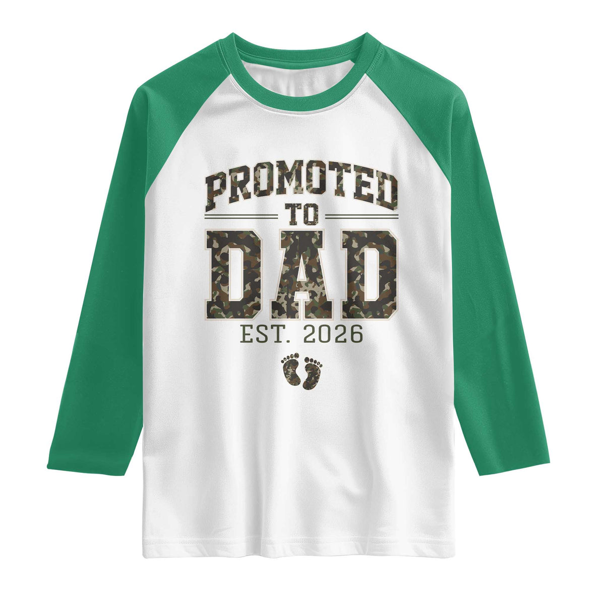 Camouflage Promoted To Dad Est 2026 Raglan Shirt Camo Pregnancy Announcement Graphic TS12 White Kelly Green Print Your Wear