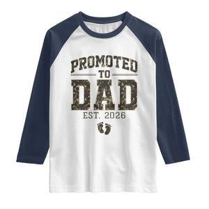 Camouflage Promoted To Dad Est 2026 Raglan Shirt Camo Pregnancy Announcement Graphic TS12 White Navy Print Your Wear