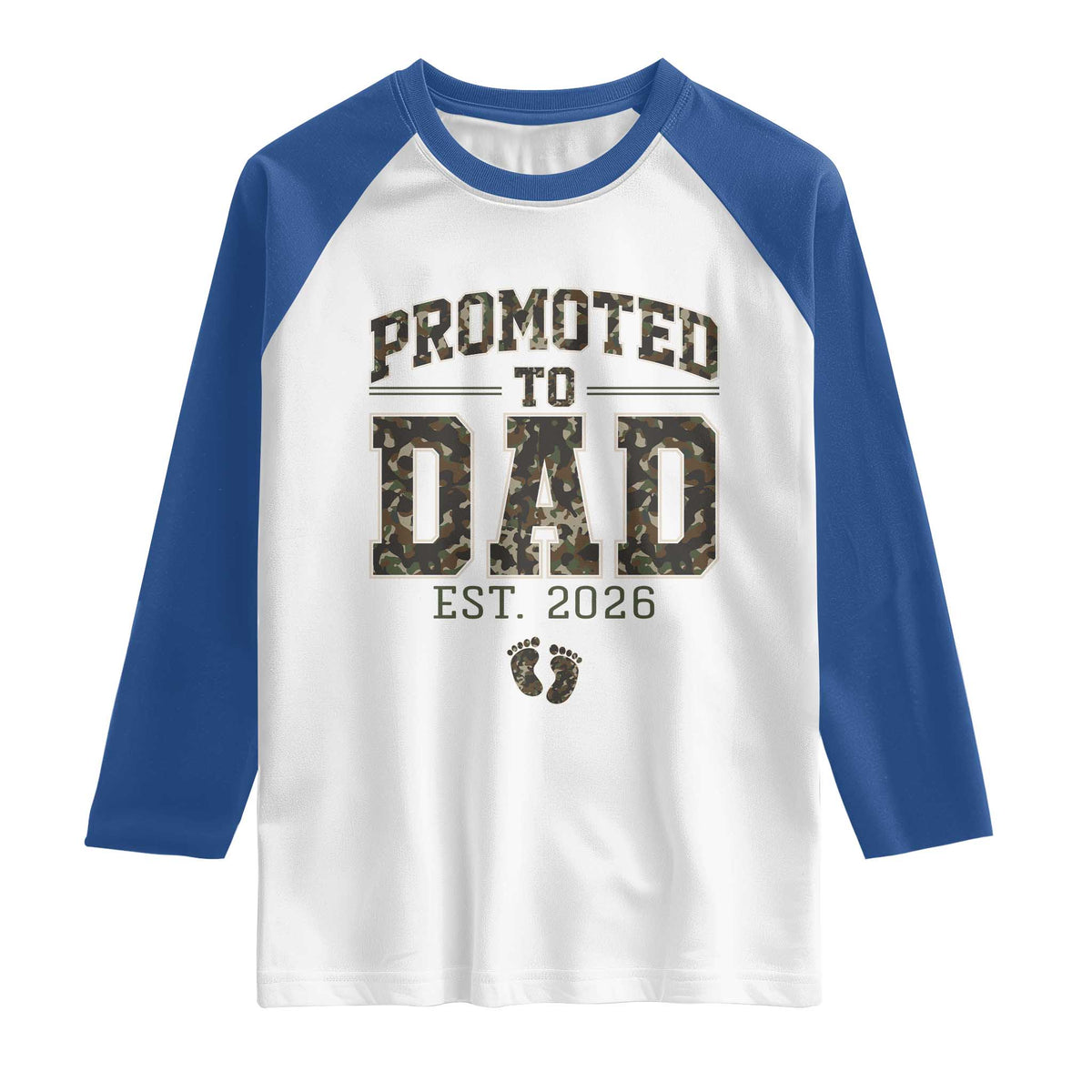Camouflage Promoted To Dad Est 2026 Raglan Shirt Camo Pregnancy Announcement Graphic TS12 White Royal Print Your Wear