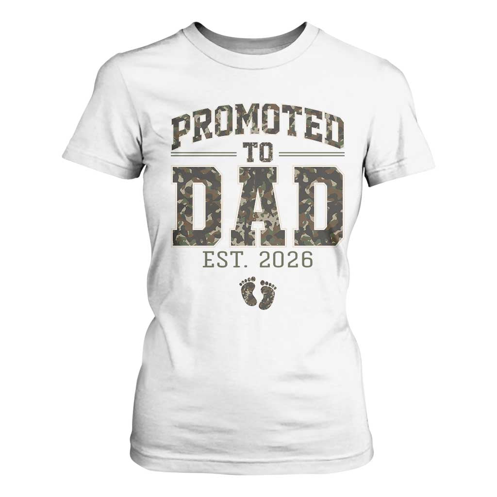 Camouflage Promoted To Dad Est 2026 T Shirt For Women Camo Pregnancy Announcement Graphic TS12 White Print Your Wear