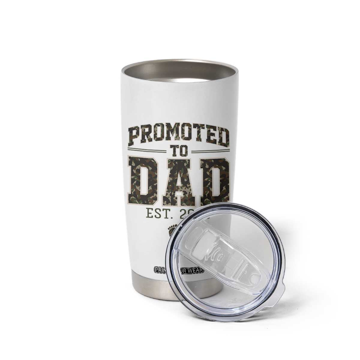 Camouflage Promoted To Dad Est 2026 Tumbler Cup Camo Pregnancy Announcement Graphic