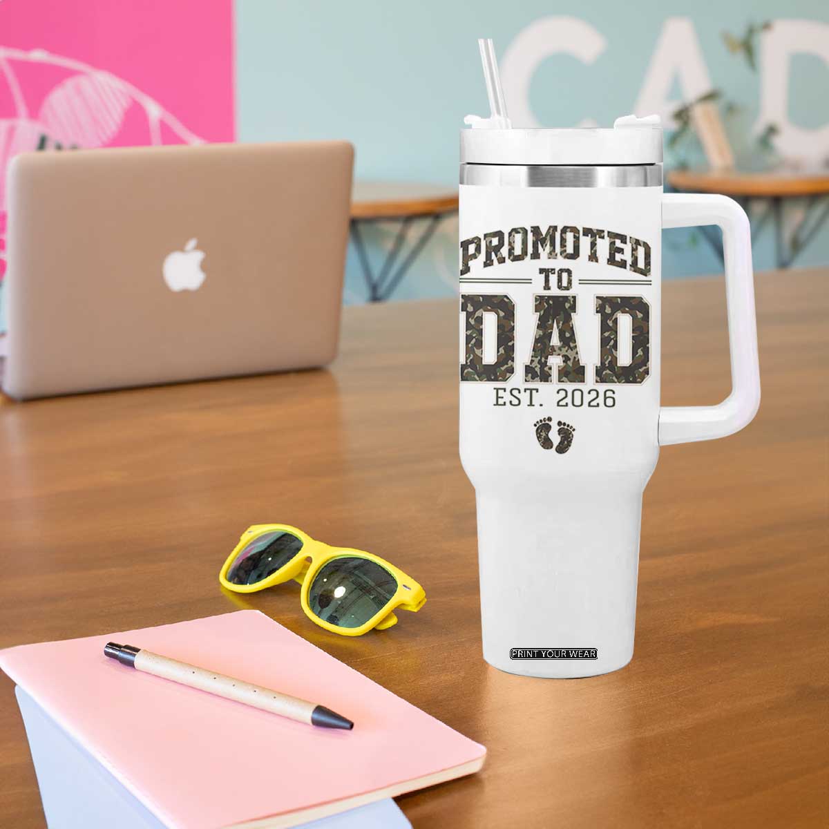 Camouflage Promoted To Dad Est 2026 Tumbler With Handle Camo Pregnancy Announcement Graphic TS12 Print Your Wear