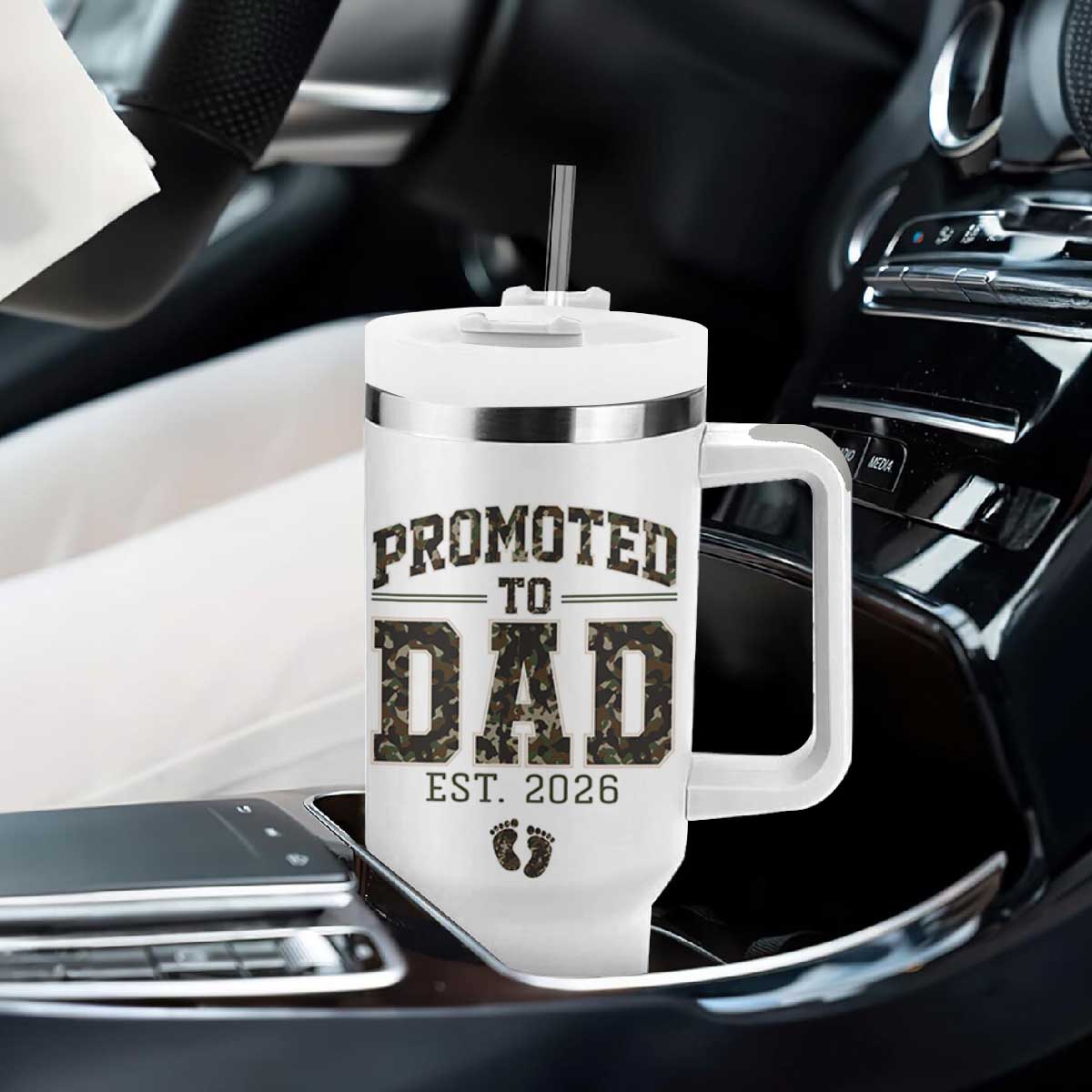 Camouflage Promoted To Dad Est 2026 Tumbler With Handle Camo Pregnancy Announcement Graphic TS12 Print Your Wear