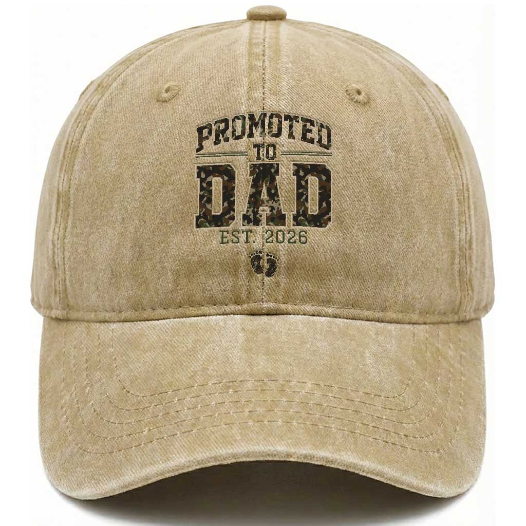 Camouflage Promoted To Dad Est 2026 Washed Cotton Baseball Cap Camo Pregnancy Announcement Graphic