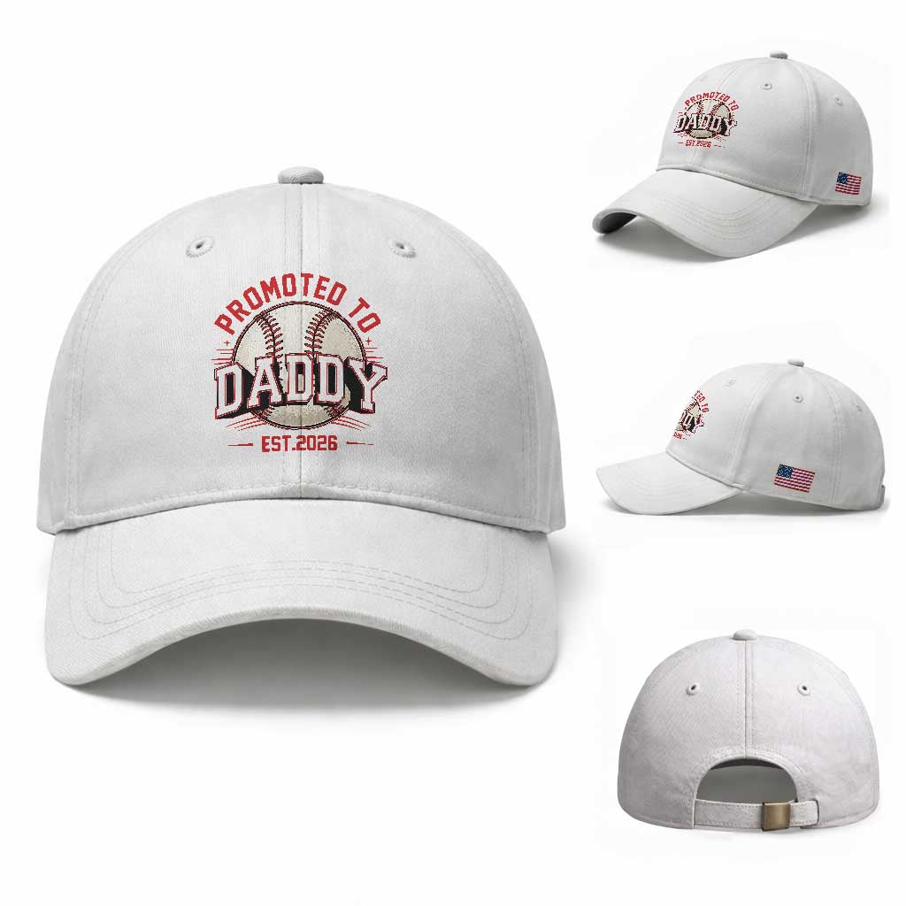 Promoted To Dad 2026 Baseball Baseball Cap First Time Father Sports Lover TS12 Baseball Cap Universal Fit White Print Your Wear
