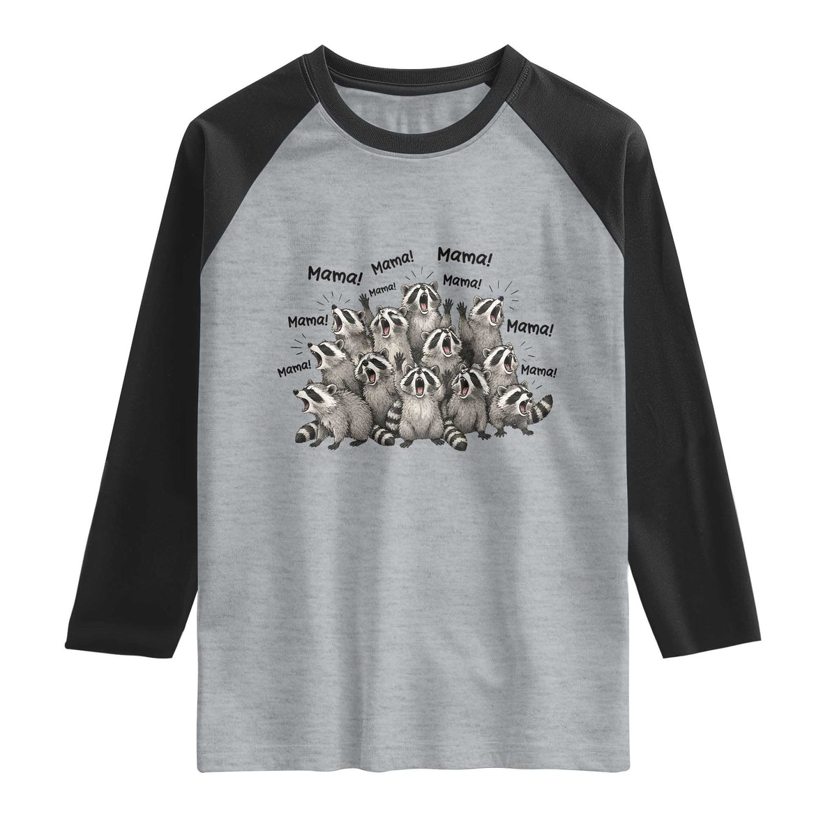 Funny Raccoon Mama Life Raglan Shirt Motherhood Chaos Trash Panda TS12 Heather Gray Black Print Your Wear