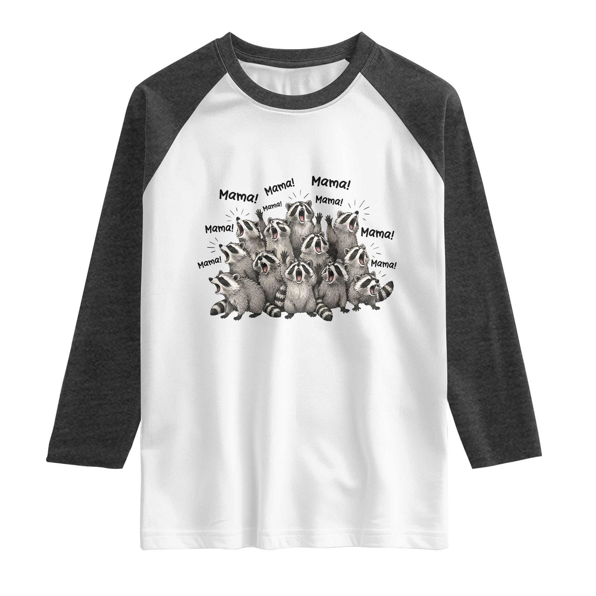 Funny Raccoon Mama Life Raglan Shirt Motherhood Chaos Trash Panda TS12 White Heather Charcoal Print Your Wear