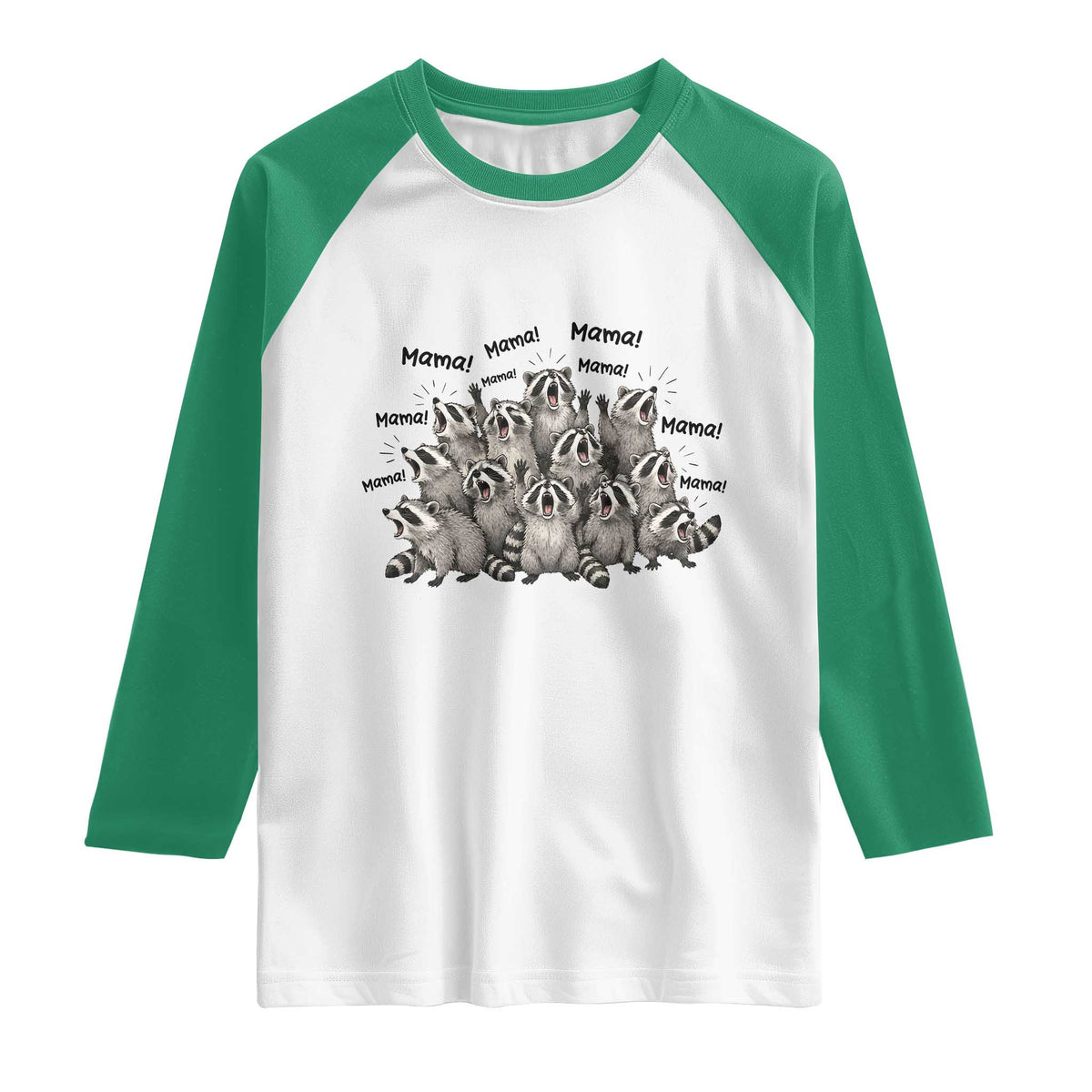 Funny Raccoon Mama Life Raglan Shirt Motherhood Chaos Trash Panda TS12 White Kelly Green Print Your Wear