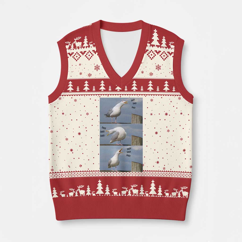 Funny Seagull Papa V-Neck Knit Sweater Vest Fathers Day Gift Ocean Life Dad Graphic TS12 Beige Red Print Your Wear