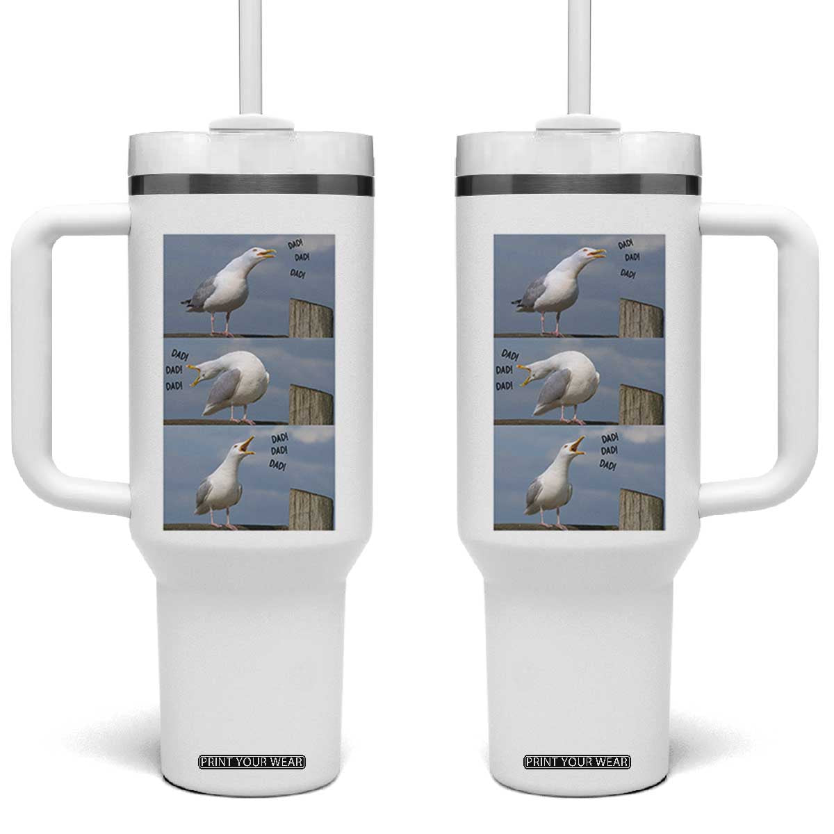 Funny Seagull Papa Tumbler With Handle Fathers Day Gift Ocean Life Dad Graphic TS12 One Size: 40 oz White Print Your Wear