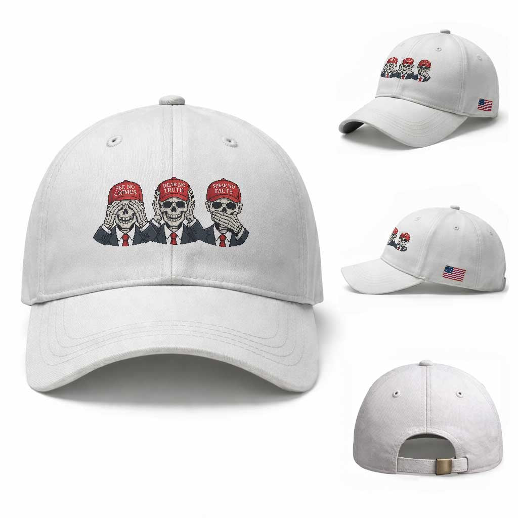 See No Crimes Hear No Truth Speak No Facts Baseball Cap Skeleton Political Satire Graphic TS12 Baseball Cap Universal Fit White Print Your Wear