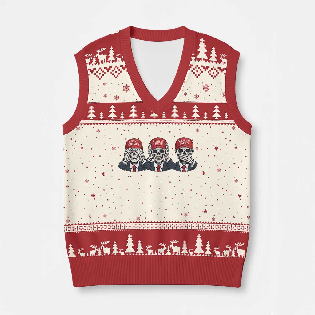 See No Crimes Hear No Truth Speak No Facts V-Neck Knit Sweater Vest Skeleton Political Satire Graphic TS12 Beige Red Print Your Wear
