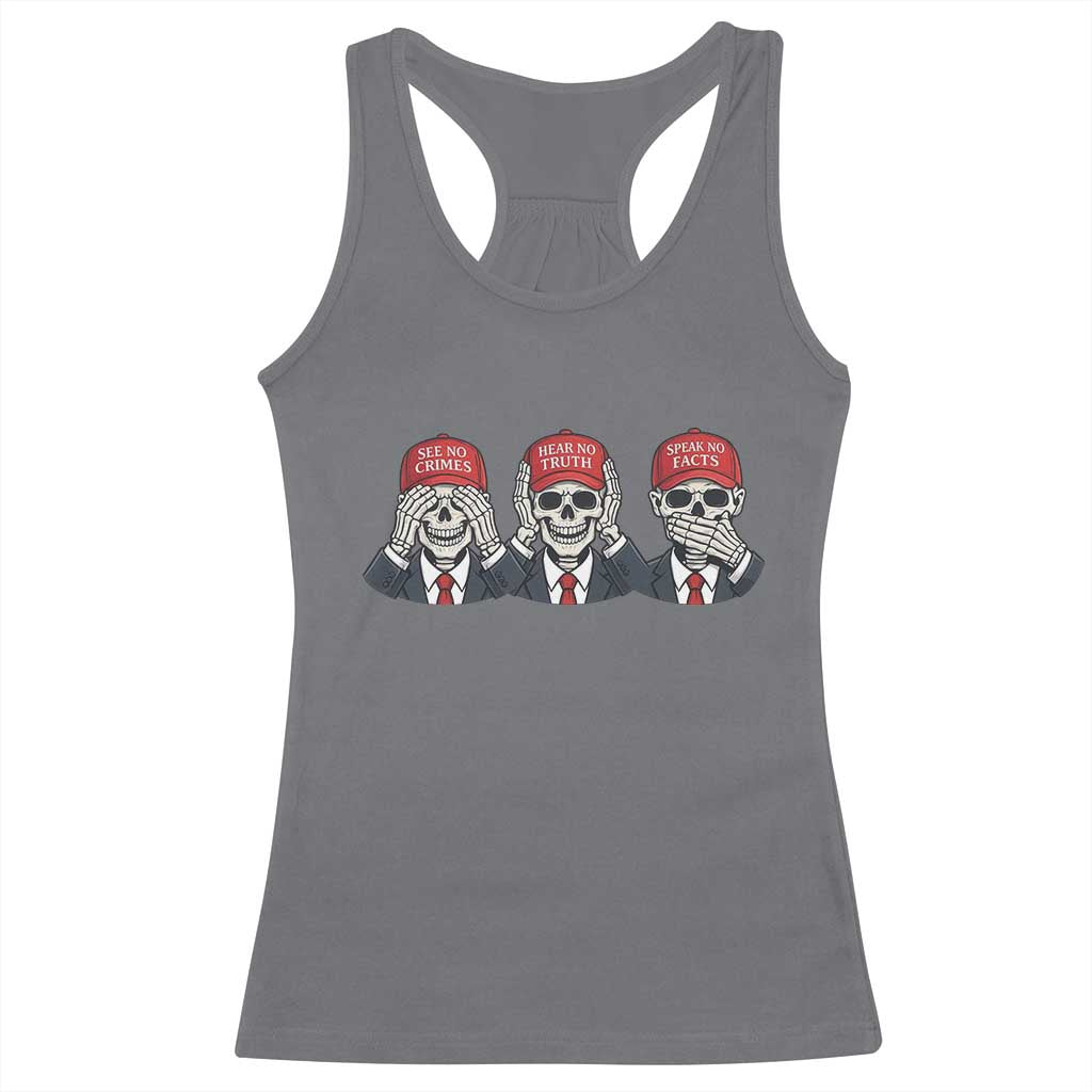 See No Crimes Hear No Truth Speak No Facts Racerback Tank Top Skeleton Political Satire Graphic TS12 Charcoal Print Your Wear