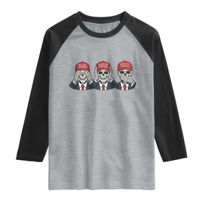 See No Crimes Hear No Truth Speak No Facts Raglan Shirt Skeleton Political Satire Graphic TS12 Heather Gray Black Print Your Wear