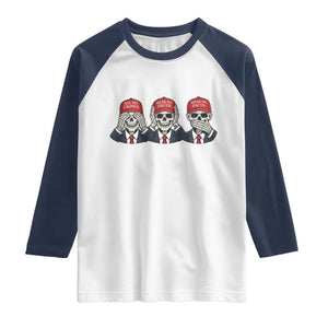 See No Crimes Hear No Truth Speak No Facts Raglan Shirt Skeleton Political Satire Graphic TS12 White Navy Print Your Wear