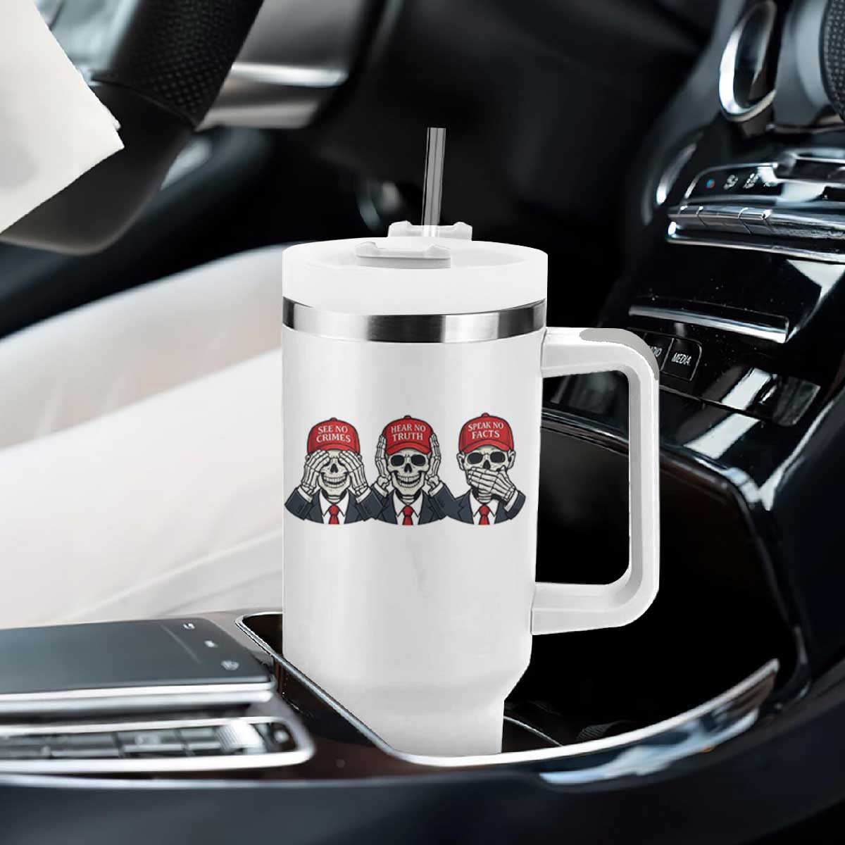 See No Crimes Hear No Truth Speak No Facts Tumbler With Handle Skeleton Political Satire Graphic TS12 Print Your Wear