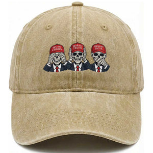 See No Crimes Hear No Truth Speak No Facts Washed Cotton Baseball Cap Skeleton Political Satire Graphic TS12 Print Your Wear