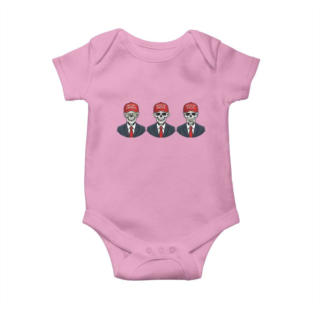 Skeleton See No Crimes Hear No Truth Baby Onesie Funny Political Satire TS12 Light Pink Print Your Wear