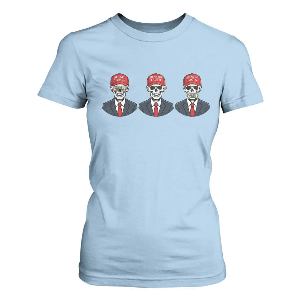 Skeleton See No Crimes Hear No Truth T Shirt For Women Funny Political Satire TS12 Light Blue Print Your Wear