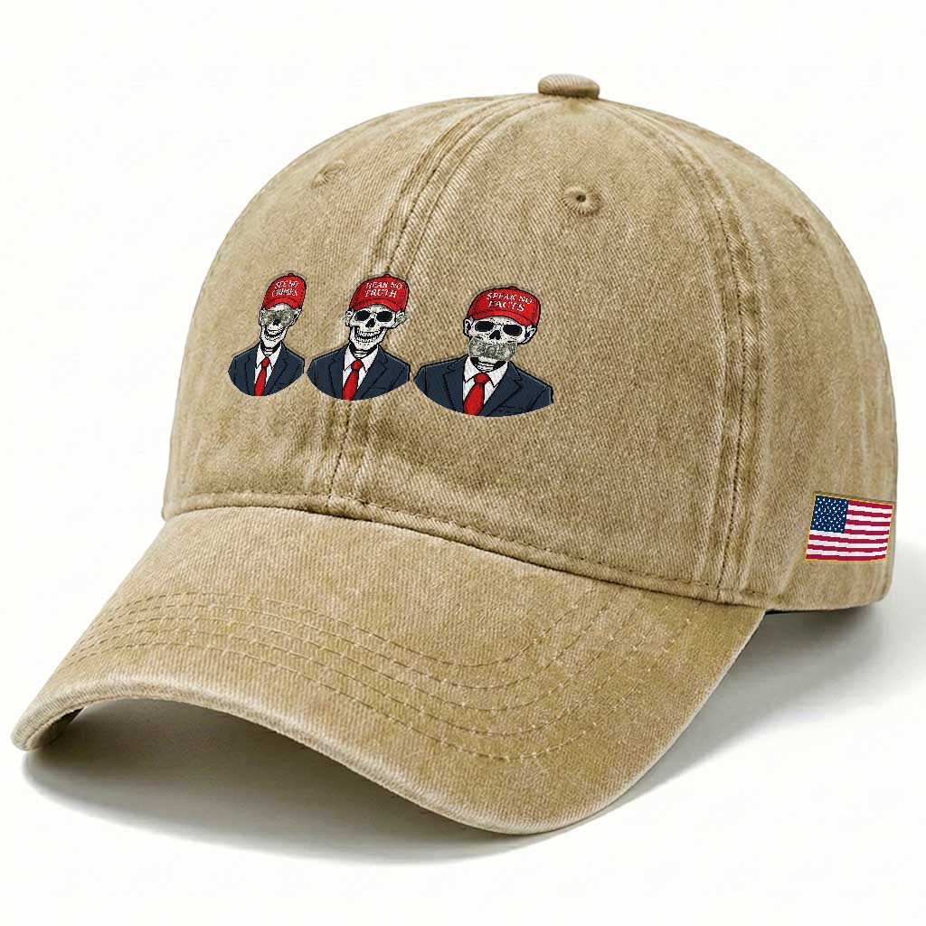 Skeleton See No Crimes Hear No Truth Washed Cotton Baseball Cap Funny Political Satire TS12 Print Your Wear