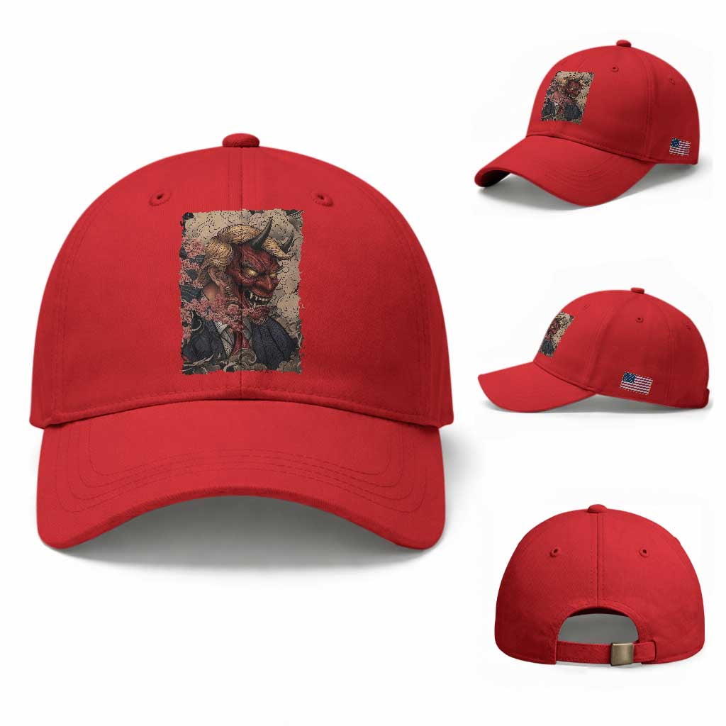 American Leader Oni Mask Japanese Ukiyoe Baseball Cap Political Parody Graphic TS12 Baseball Cap Universal Fit Red Print Your Wear
